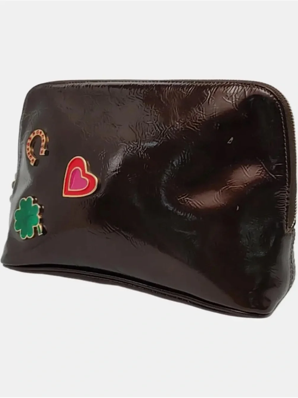 Loewe Dark Brown Patent Cosmetic Pouch with Enamel Charms